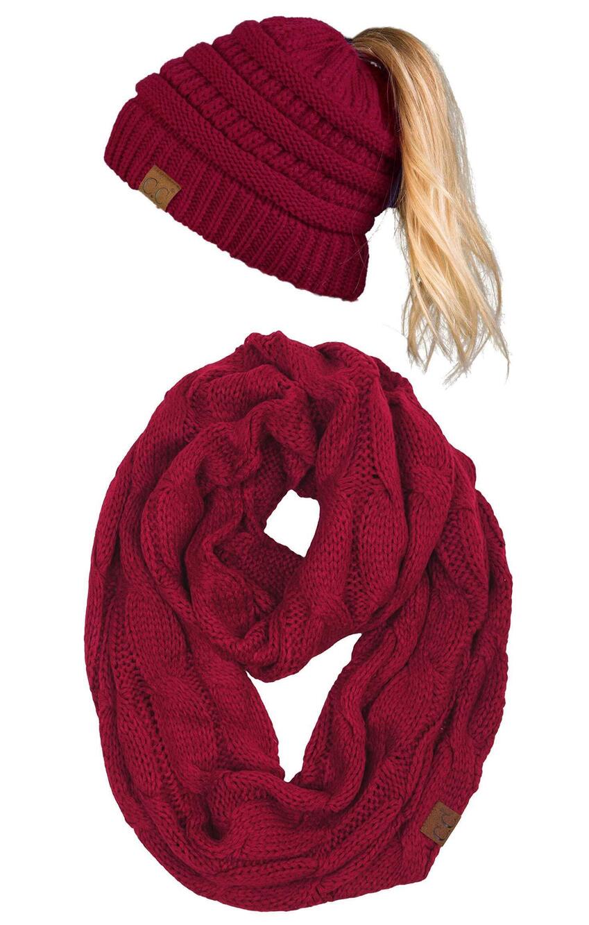 7877 Matching 2 Pack: Ponytail Beanie & Infinity Scarf, Burgundy - Picture 2 of 6